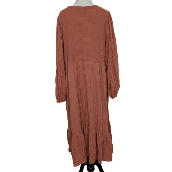 Old Navy Clip Dot Midi Dress Womens Size XXL Rust Long Sleeve V Neck Tiered - Picture 10 of 13